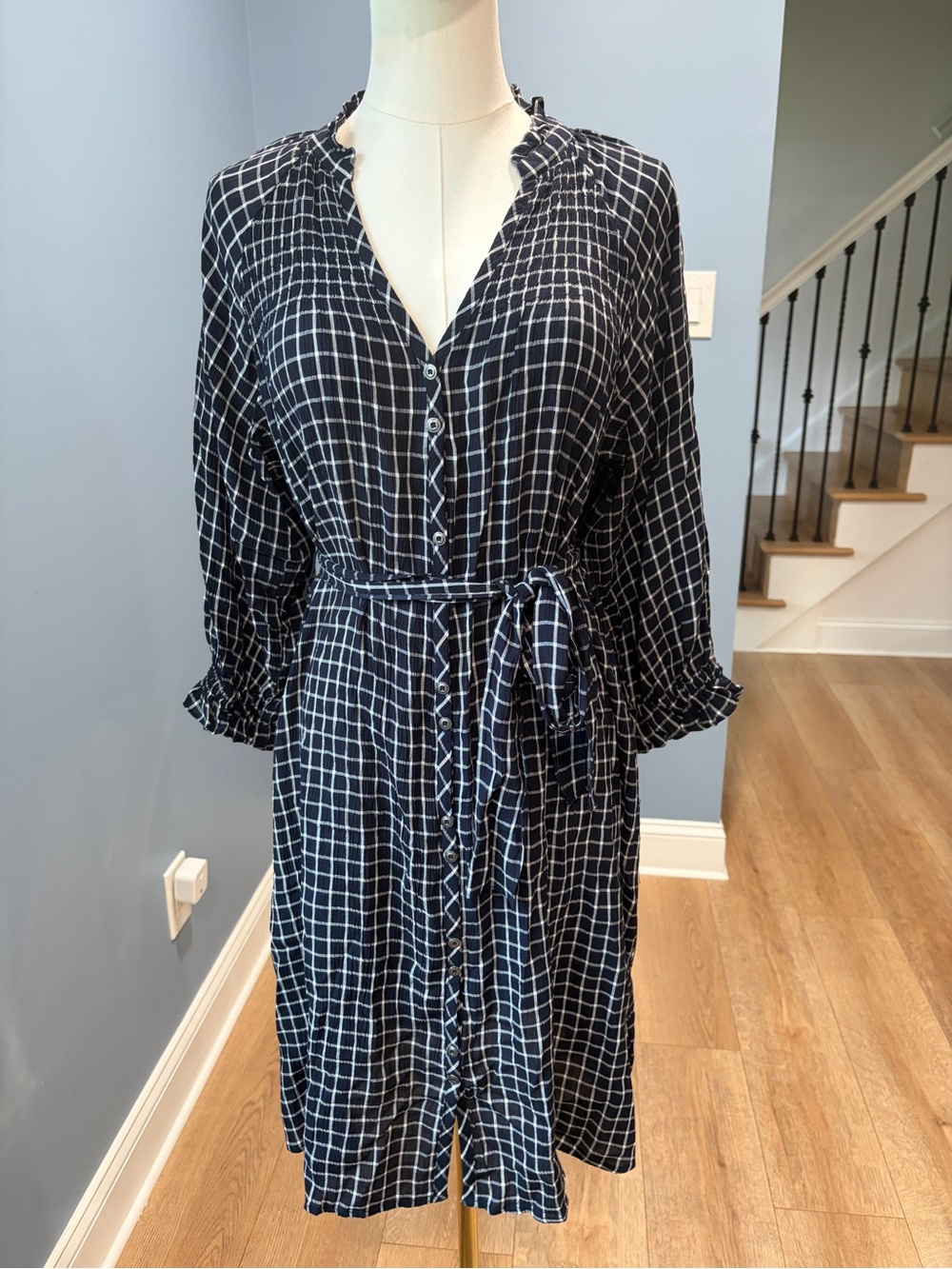 Anthropologie Maeve Navy Plaid Smocked Button Front Midi Dress XS